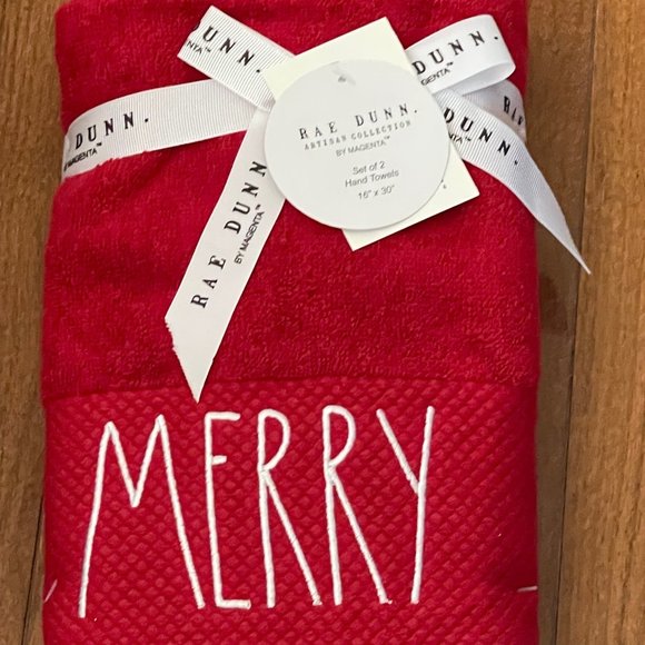 New Rae Dunn by Magenta Red Merry Hand Towel Set - Picture 2 of 4